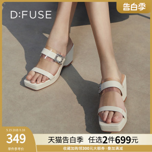 女 拖鞋 方头钻扣一字厚底坡跟凉鞋 DFuse迪芙斯夏季