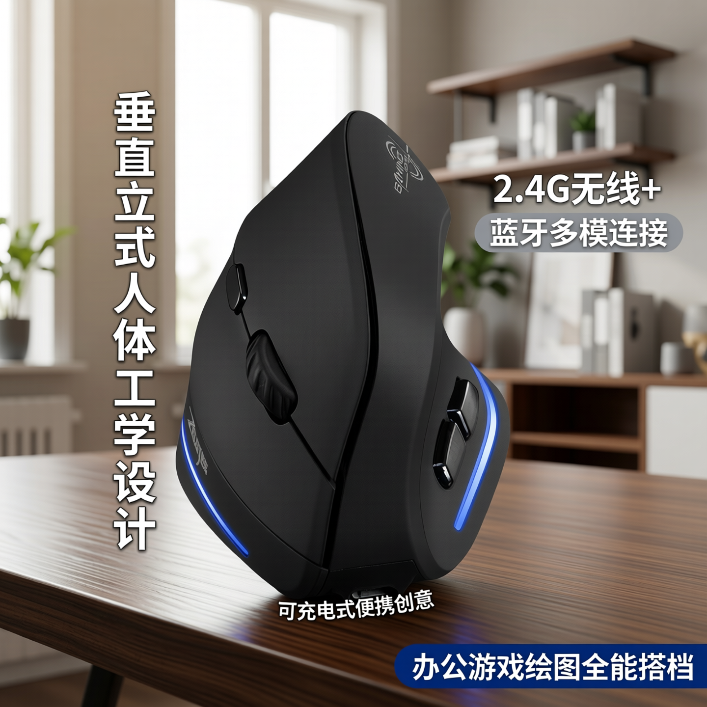掌握者垂直立式2.4G无线蓝牙多模鼠标可充电式便携创意办公游戏手持握立设计笔记本台式电脑人体工程学绘图