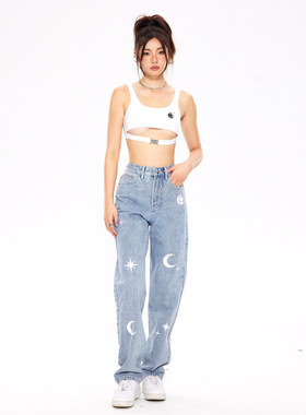 ARDENCODE W 星月丨男女同款散印LOGO宽松中腰水洗做旧直筒牛仔裤