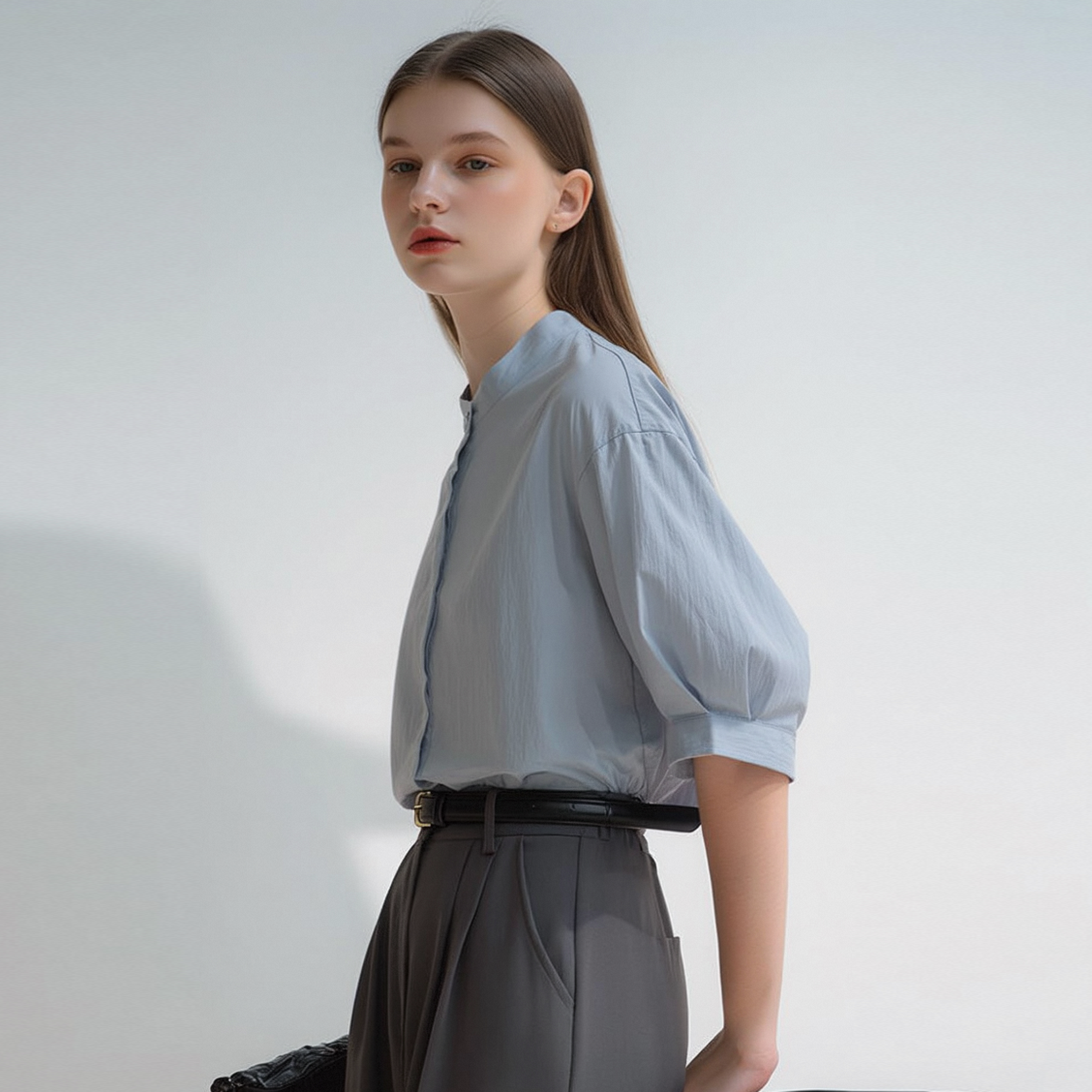 圆领五分袖衬衫女通勤风短袖衬衣