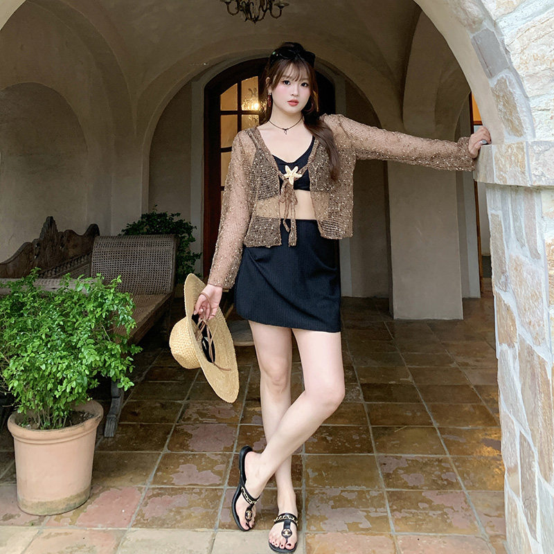高级感绝美度假泳衣女分体三件套裙式性感大码微胖mm遮肉显瘦泳装