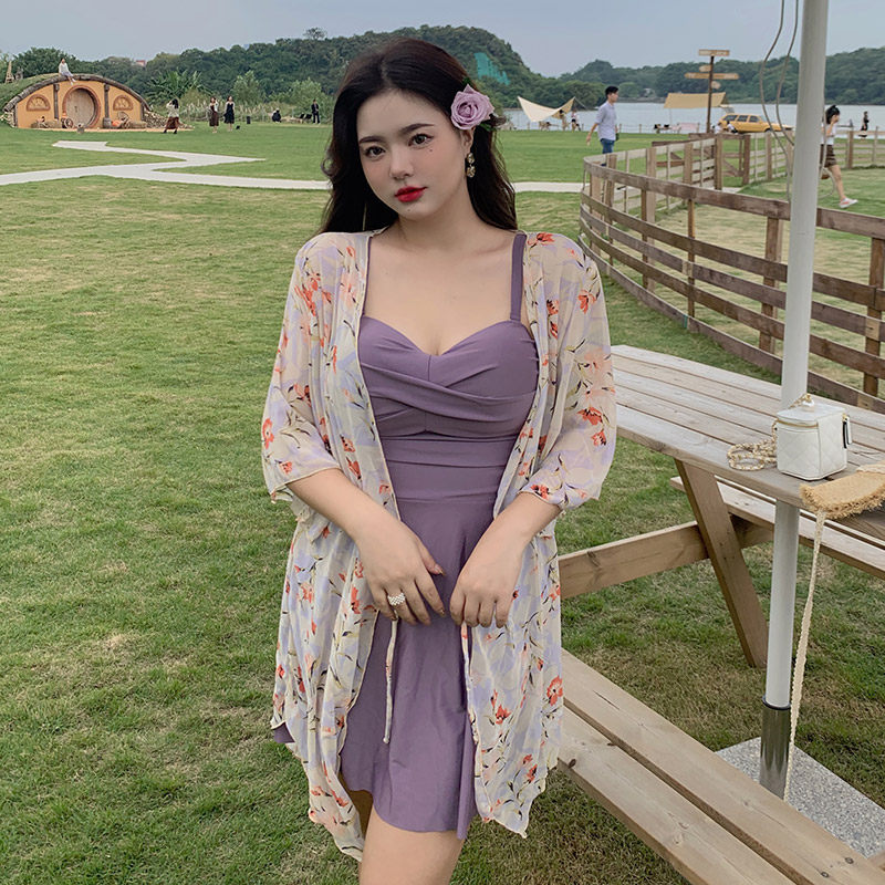 大码游泳衣女胖mm200斤遮肚显瘦温泉分体三件套性感大胸聚拢碎花