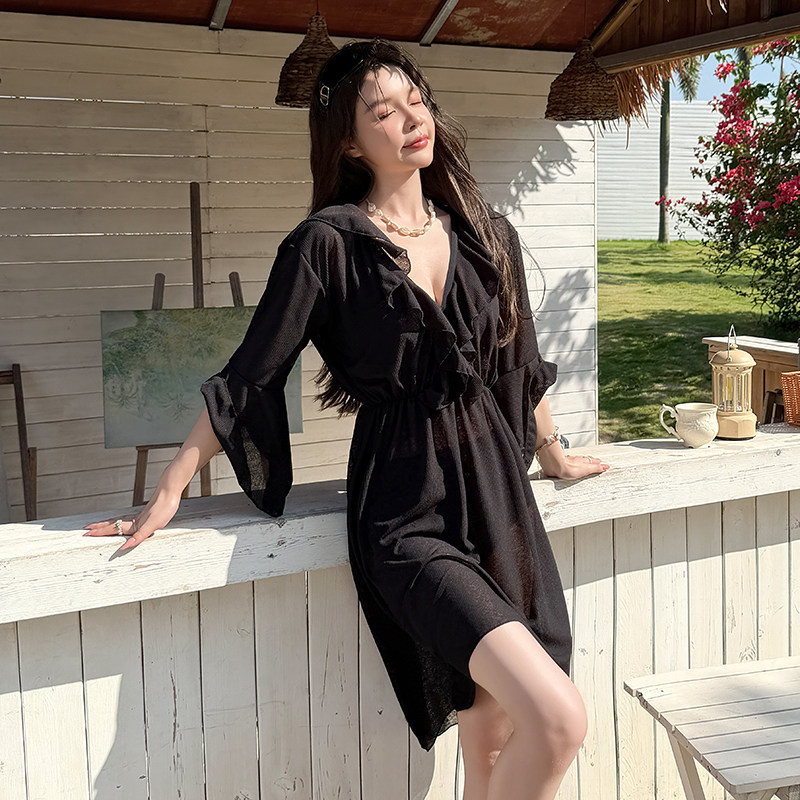 性感黑色长袖三角罩衫大码胖mm泳衣女遮肚显瘦沙滩度假风温泉泳装