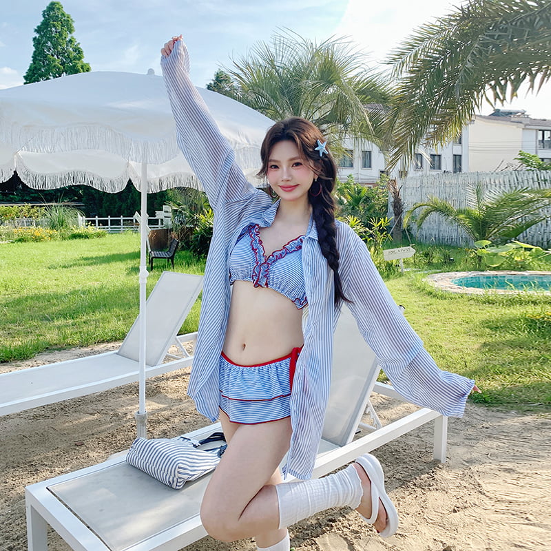 辣妹红色绑带分体三件套泳衣绝美有设计感比基尼海边度假大码泳装