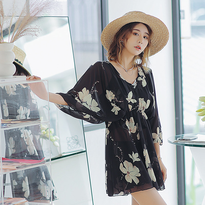 大码泳衣女胖mm200斤三件套大胸温泉性感比基尼遮肚显瘦长袖罩衫