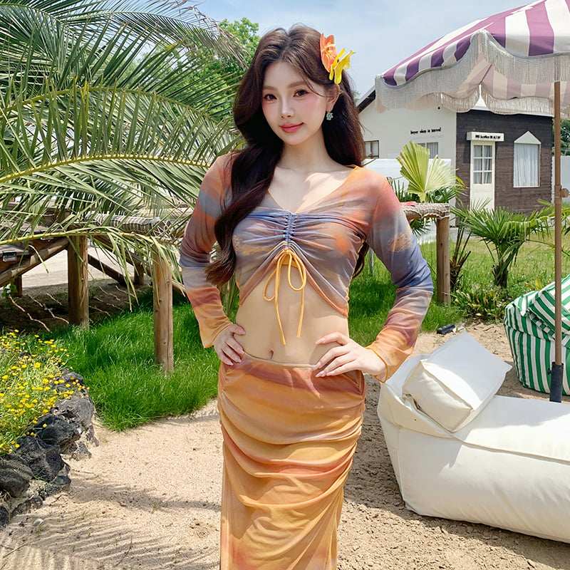 扎染包臀裙海边度假温泉分体长袖泳衣女比基尼四件套纯欲大码泳装