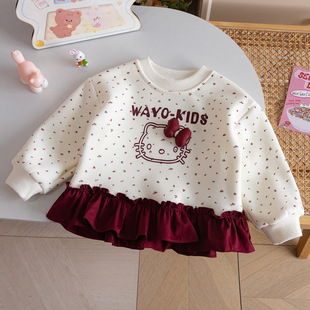 卡通风女童加绒卫衣秋冬装一体绒洋气宝宝公主荷叶边内搭上衣童装