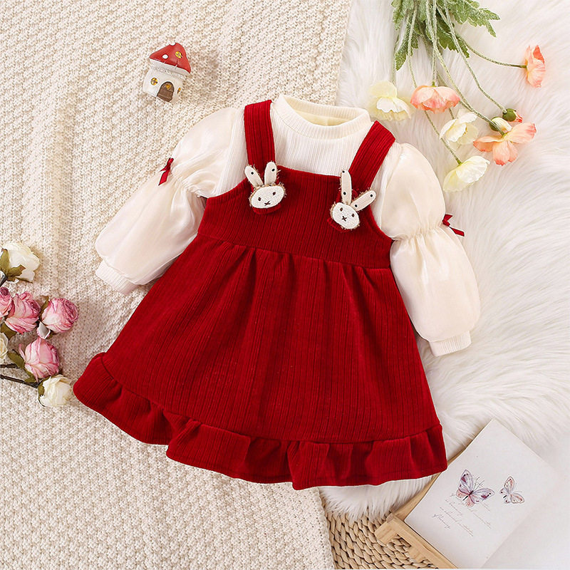 女童加绒连衣裙红色生日礼服裙子