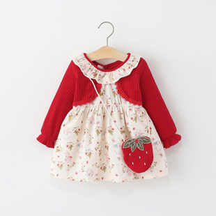 女童连衣裙春秋薄款儿童洋气碎花背心假两件宝宝长袖韩版公主裙子
