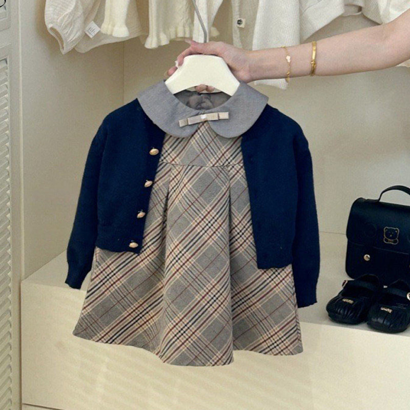 女童套装2025春秋新款儿童洋气娃娃领格子背心裙针织毛衣开衫外套
