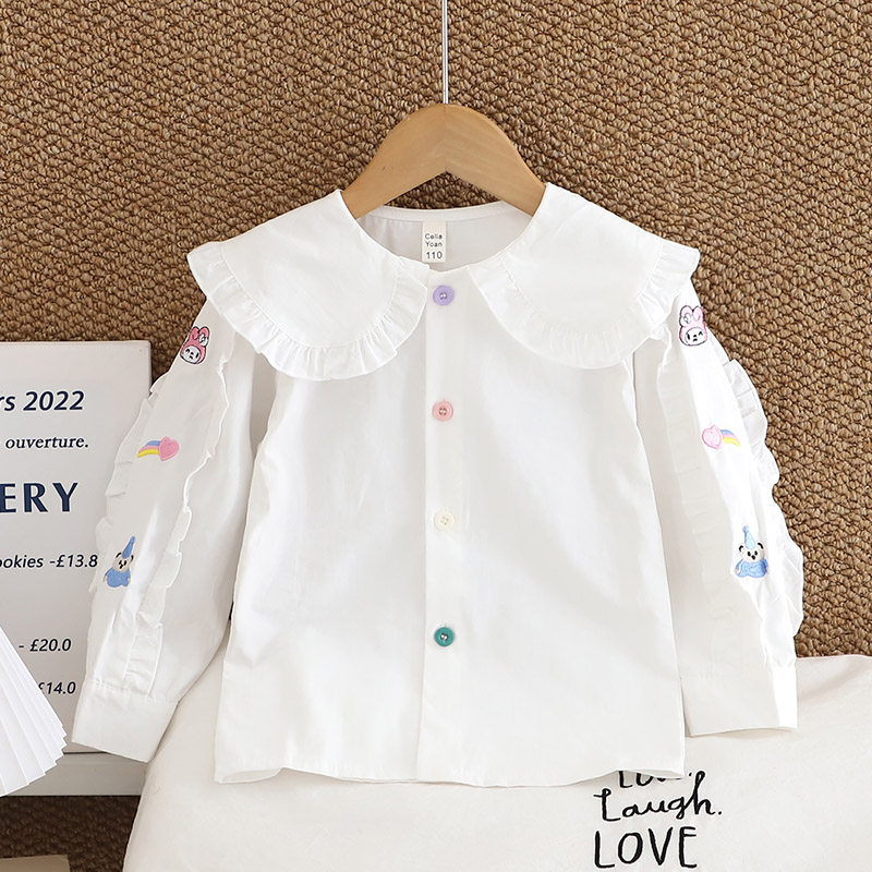 女童衬衫春秋款儿童白色衬衣洋气薄款长袖上衣娃娃领公主打底外套