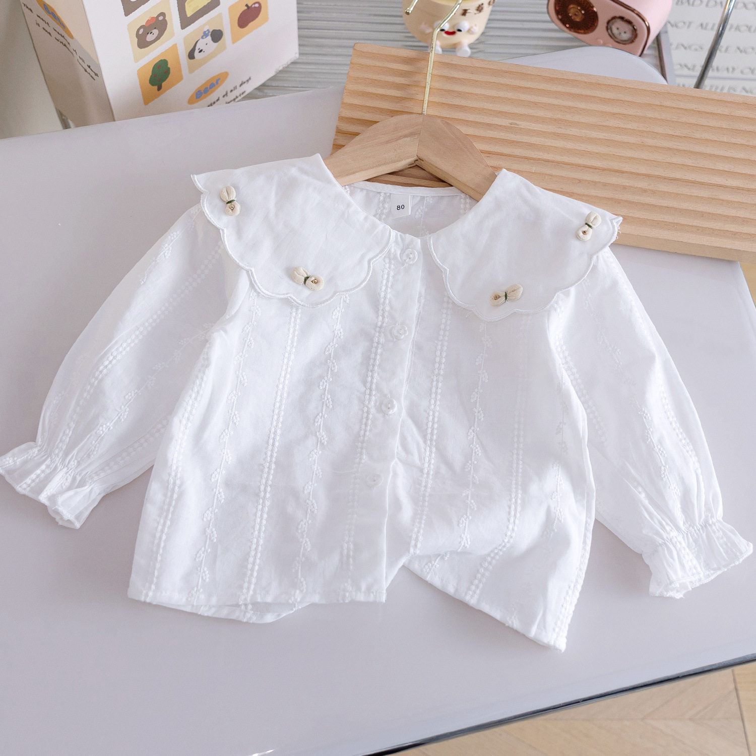女童娃娃领衬衫春秋新款洋气韩版女宝宝长袖上衣白色百搭