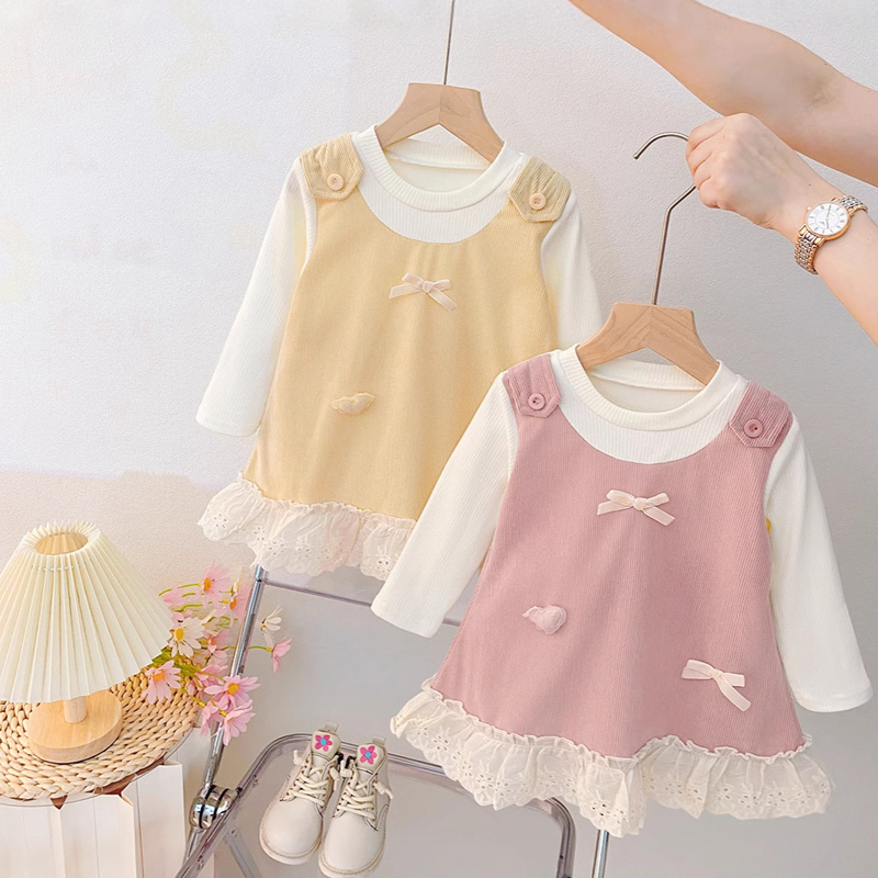 0-3岁女小童秋季连衣裙长袖蕾丝边宝宝公主裙洋气蝴蝶结儿童裙子