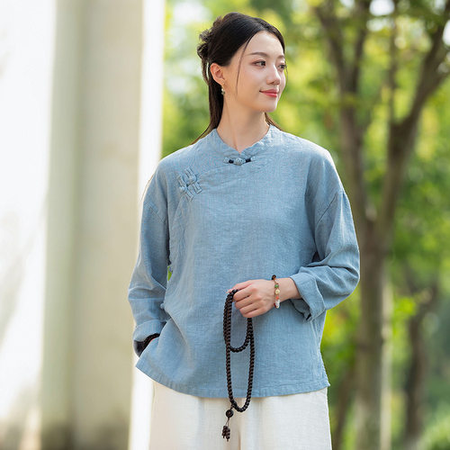 新中式斜襟盘扣长袖外套棉麻禅服