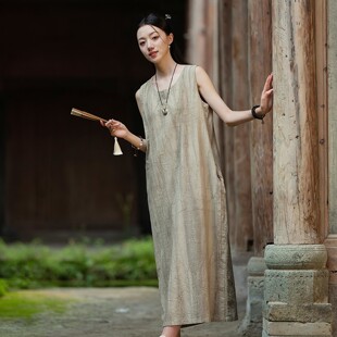 棉麻连衣裙夏季新款亚麻棉扎染薄款中式长裙子宽松文艺无袖背心裙