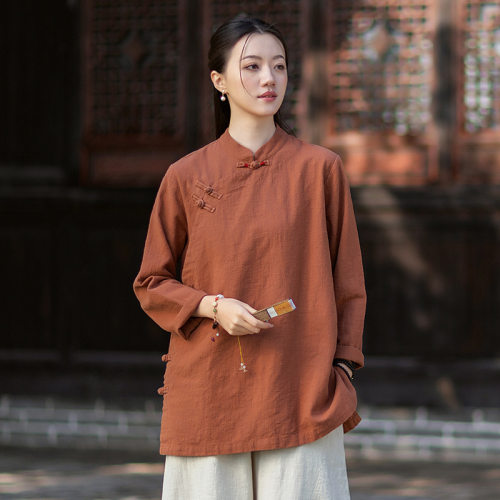 新中式长袖偏襟上衣女中长款茶服