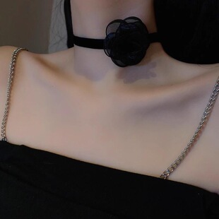 复古锁骨链玫瑰花气质颈链女颈带脖子甜美风项链颈饰设计感布艺