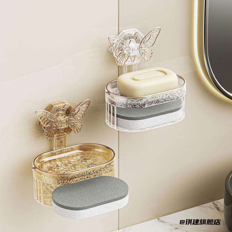 蝴蝶吸盘香皂盒带海绵擦沥水皂盒免打孔创意双层肥皂收纳盒置物架