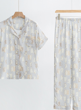 春夏季卡通双层纱布开衫睡衣女士短袖长裤薄款家居服休闲套装