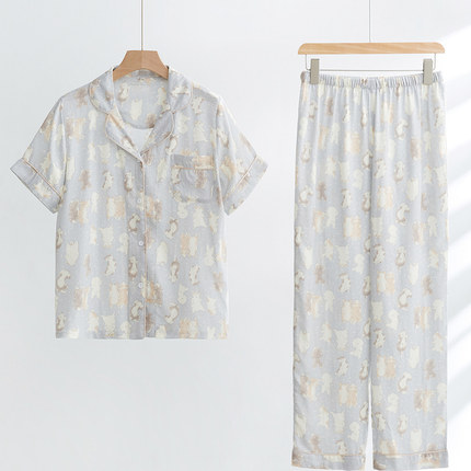 春夏季卡通竹棉纱布开衫睡衣女士短袖长裤薄款家居服休闲套装