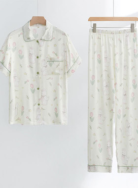 短袖长裤棉绸贡缎春夏睡衣开衫轻薄款卡通女生家居服可外穿两件套