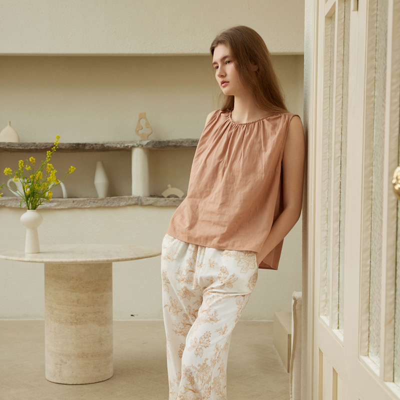 全棉纱布睡衣无袖长裤女士套装