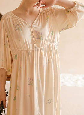 人棉中长款女睡裙七分袖宽松V领贡缎韩版春夏度假碎花连衣家居服