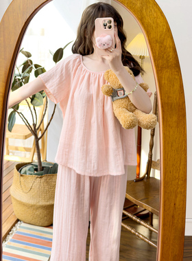 纯棉提花甜美短袖睡衣夏季女简约宽松显瘦家居服休闲燕尾拼接套装