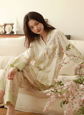 2026新款女家居服亲肤舒适天丝全棉花卉轻奢翻领长袖睡衣春季套装