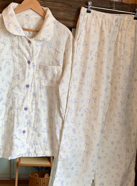 长袖长裤居家套装纯棉翻领双层纱布女舒服春秋季透气日系卡通睡衣