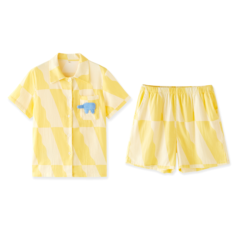 女士全棉纱布格子卡通短袖夏睡衣