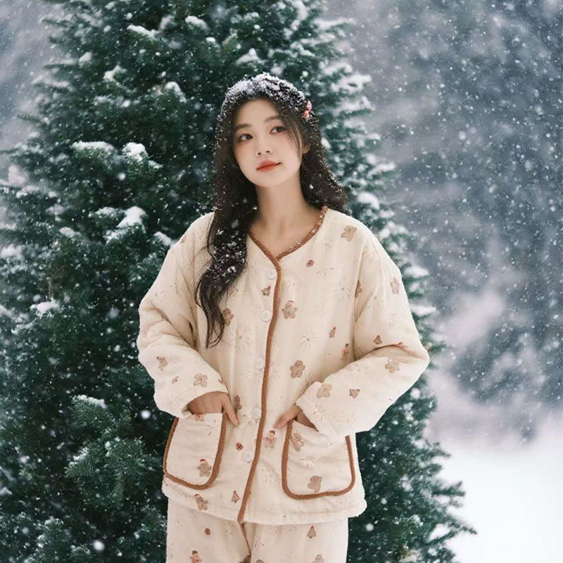 加厚冬保暖三层夹棉女睡衣套装