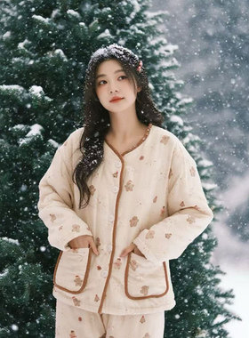 加厚冬季保暖三层夹棉女无领开衫宽松家居服姜饼人睡衣家居服套装