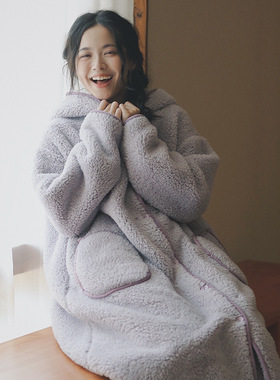 珊瑚羊羔绒宽松加大码连帽浴袍女长款冬厚睡衣套装可外出御寒保暖