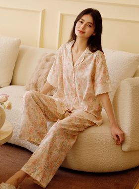 全棉双面纱布印花翻领开衫睡衣春短袖蕾丝边休闲舒适居家女士套装