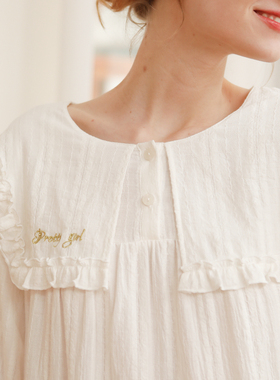 宫廷公主睡裙纯棉提花长袖家居服女生春秋季甜美荷叶边宽松连衣裙