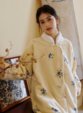 捡漏特价清仓立领盘扣牛奶绒睡裙冬季印花居家过膝中长款女士裙袍