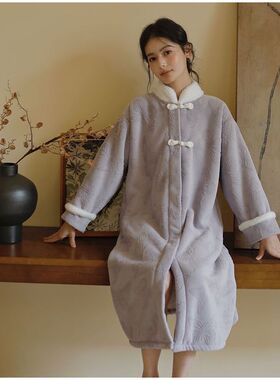复古温婉气质冬加绒加厚复合牛奶羊羔盘扣新中式国风长袖睡裙袍子