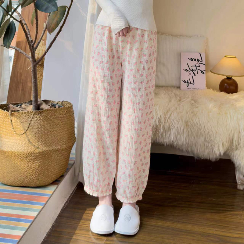 纯棉春夏女生纱布轻薄甜美舒适睡裤收口束脚花苞长裤中腰印花居家