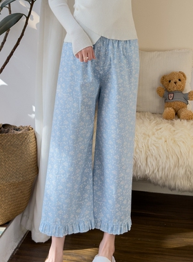 日系纯棉长裤睡裤宽松休闲可外穿女士花边睡衣四季碎花印花家居服