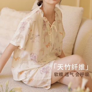 天竹纤维棉凉感睡衣女夏薄款短袖套装森林童话印花透气宽松家居服