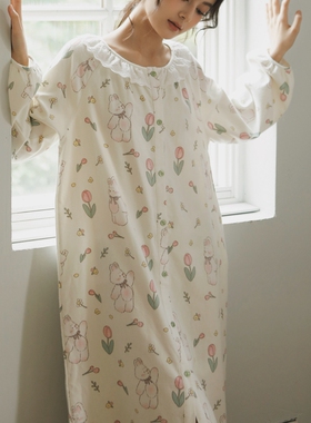 全棉秋冬季新品磨毛开衫女士甜美可爱长袖睡裙花边宽松家居服睡衣