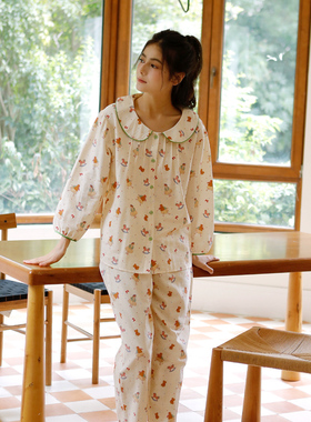 全棉双层纱布睡衣秋季可爱娃娃领开衫卡通印花家居服宽松休闲套装