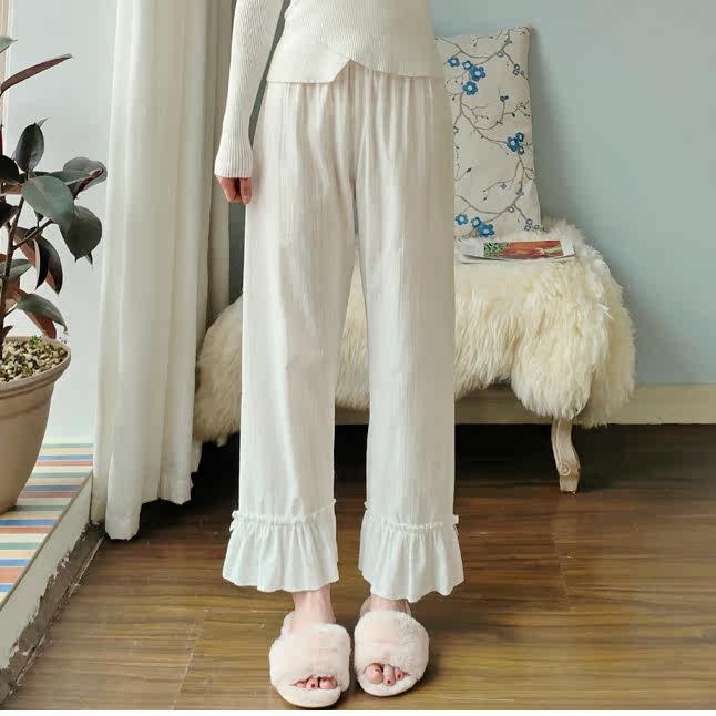 纯棉纱花边睡裤女生春夏季薄款