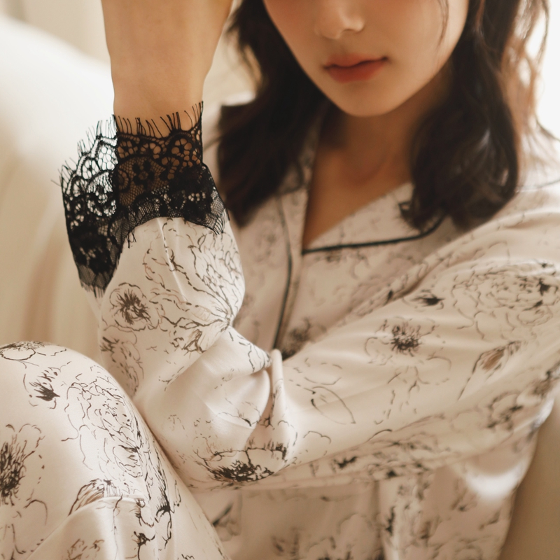 女士人棉蕾丝花边秋冬睡衣套装