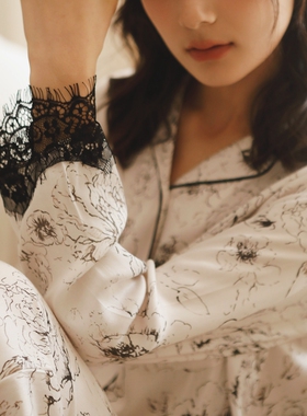 人棉贡缎女士长袖蕾丝花边袖口玫瑰秋冬休闲翻领柔软睡衣套装家居