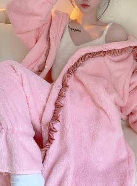 特价清仓孤品捡漏宽松大码加厚法兰绒睡衣女生连帽睡袍裤子蝴蝶结