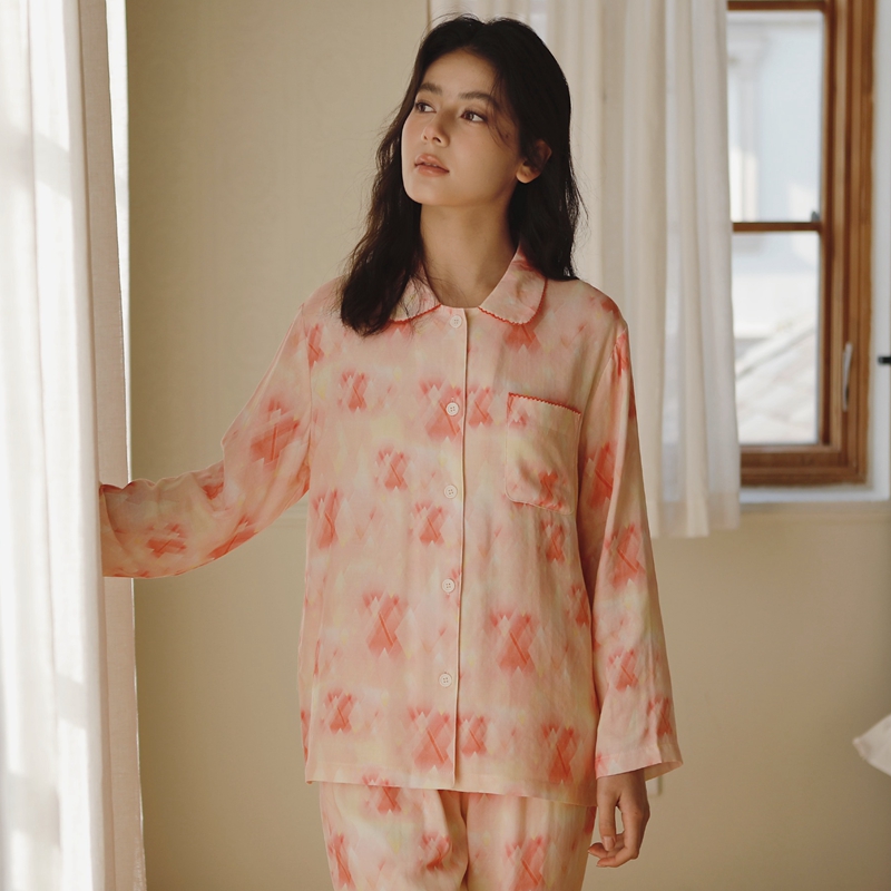 女竹棉纱布长袖翻领睡衣套装