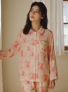 竹棉纱布春季新款女翻领长袖口袋宽松印花柔软舒适睡衣家居服套装