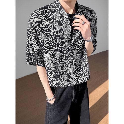 模特图~夏季冰丝垂感满印中袖立领衬衫 Q1224/P40